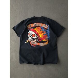 Vintage 90s Ice Cream Man From Hell Flaming Skull Biker Black T-shirt Pocket XL
